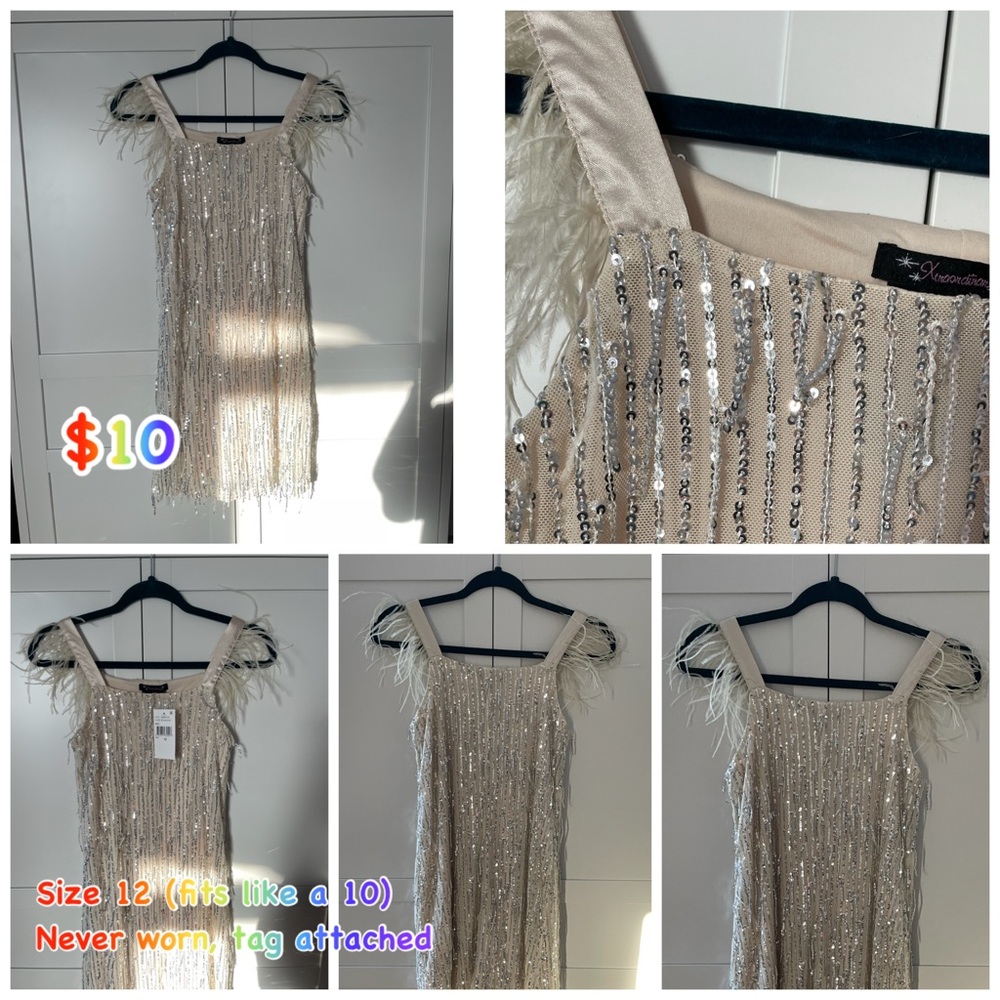 Silver Sequin Fringe Dress with Feather Straps